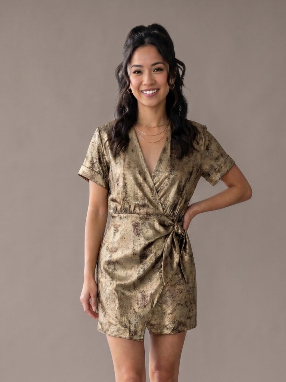 Zara TRF Metallic Gold Wrap Mini Dress Short Sleeve Surplice Tie Waist Small